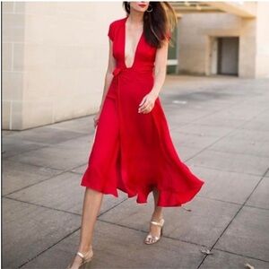 NWT Revolve Red Deep Plunge Midi Wrap Dress Medium $210 Retail